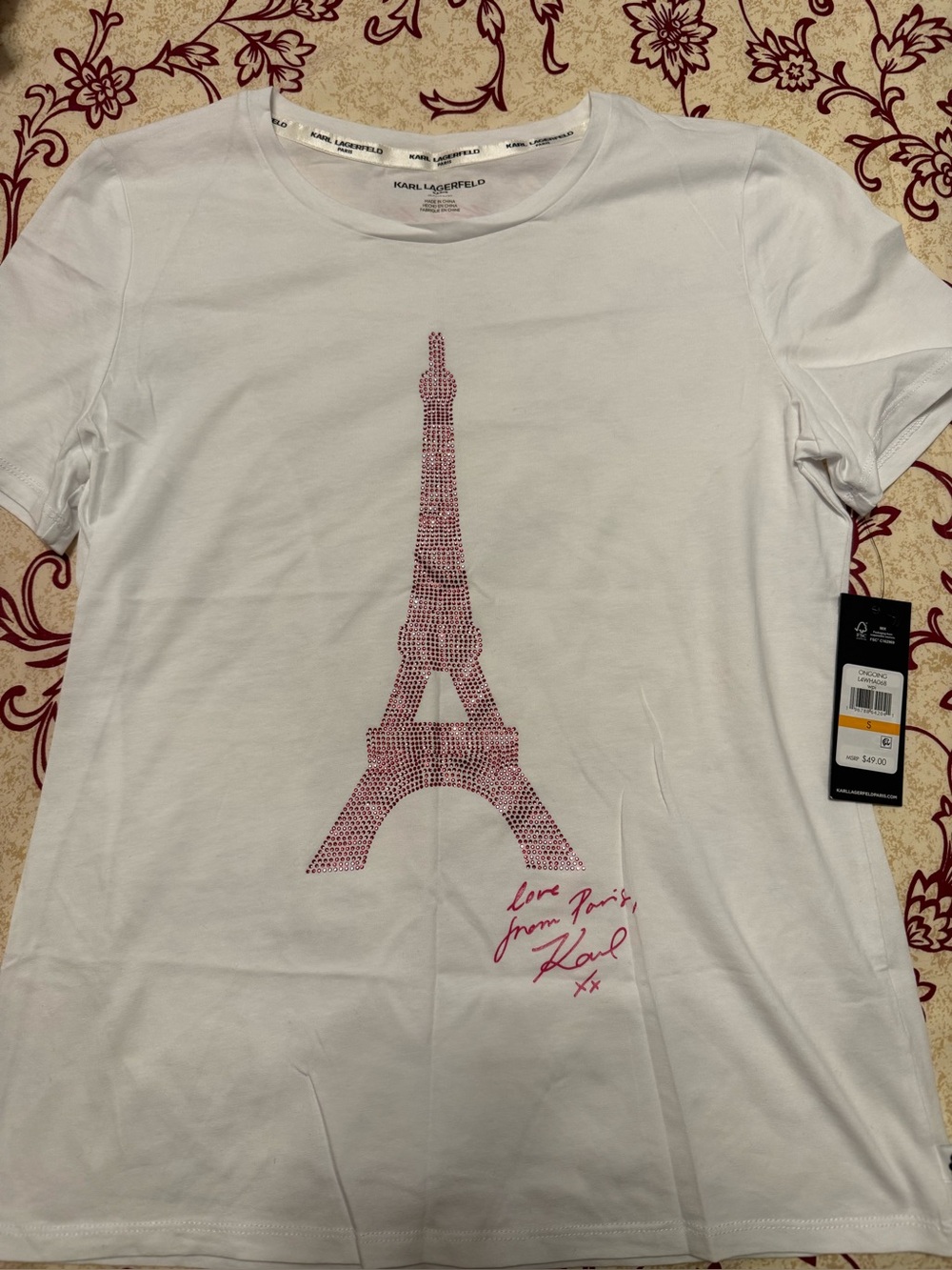 Karl Lagerfeld White Short-Sleeve Tee with Pink Eiffel Tower Graphic